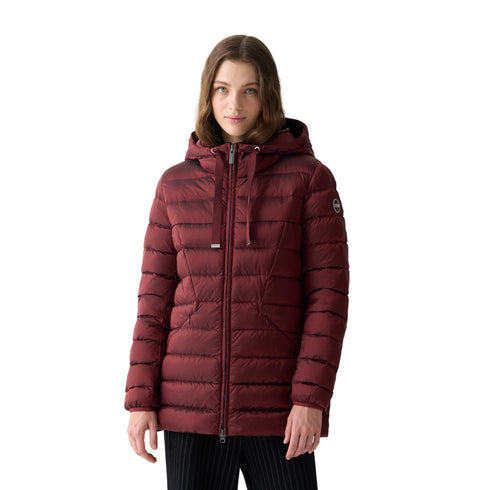 Piumino Donna lungo, con cappuccio dotato di coulisse e zip frontale